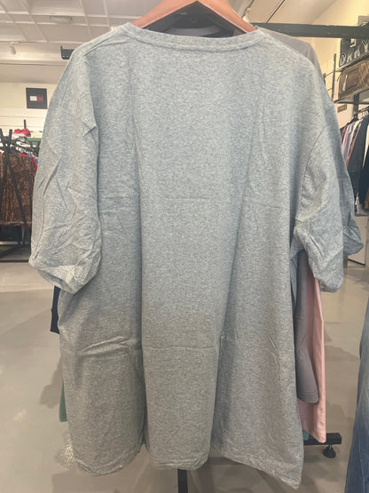 BS Style heather grey oversized t-shirt, back view on hanger