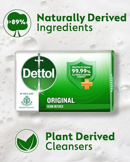 Dettol soap bar with branding and ingredient information on a textured background