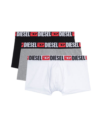 Diesel 3-pack logo waistband boxers in black, grey and white
