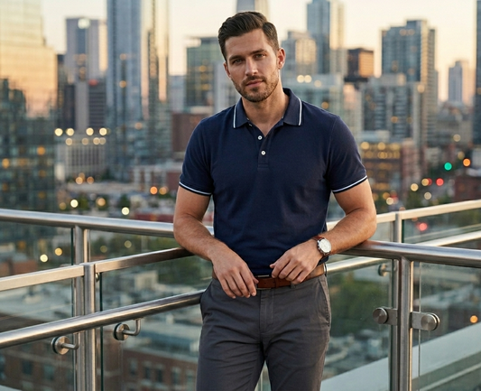 Denim & Flower Ricky Singh Navy Polo T-Shirt With White Line Accents