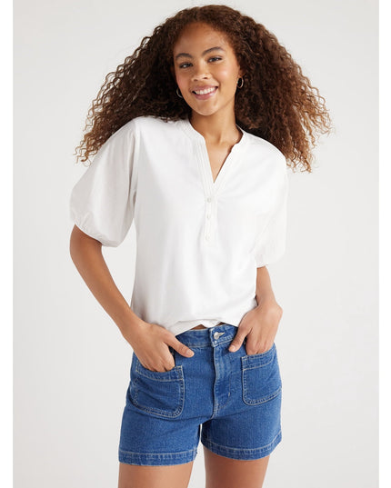 SIZE: XS - Free Assembly Women’s Henley Tee with Short Puff Sleeves