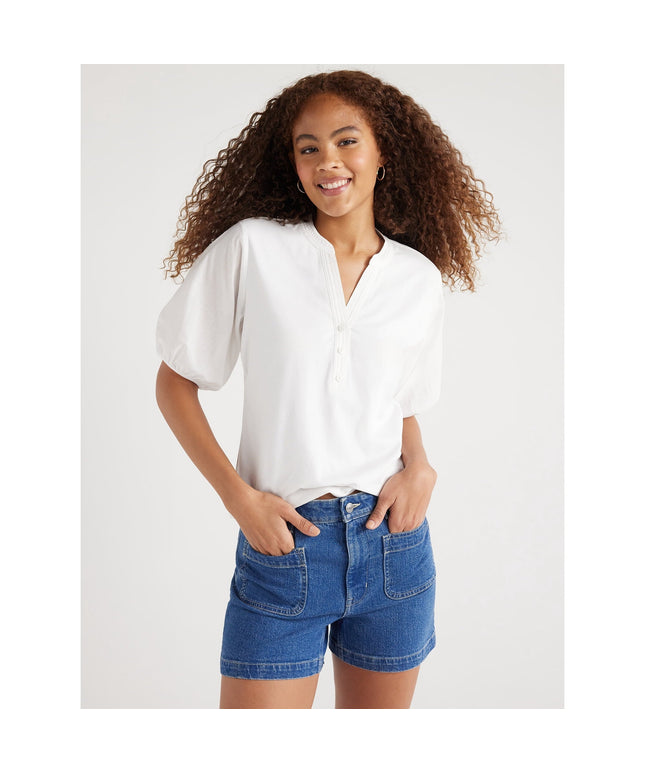 SIZE: XS - Free Assembly Women’s Henley Tee with Short Puff Sleeves