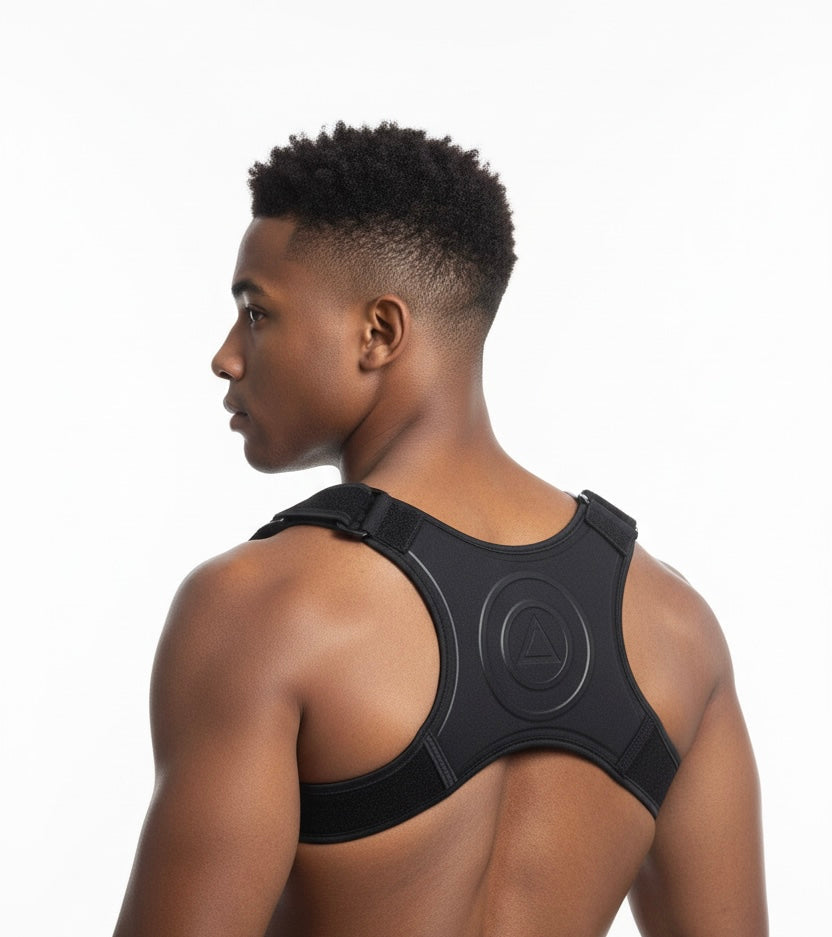 Man wearing black Life Top back support posture brace, rear side view