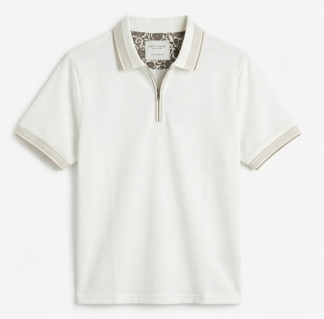 Cactus Man Men's White Polo T-Shirt, Beige Line Accents