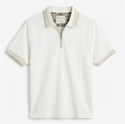 Cactus Man Men's White Polo T-Shirt, Beige Line Accents