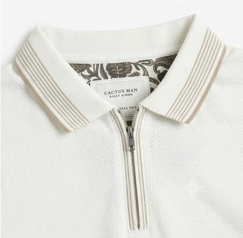 Cactus Man Men's White Polo T-Shirt, Beige Line Accents