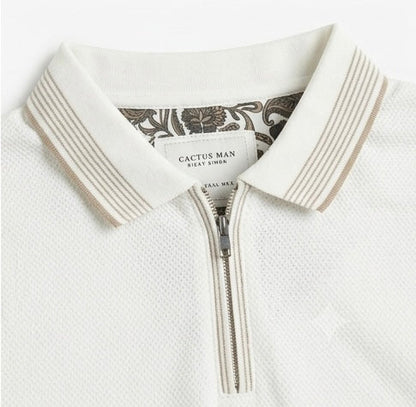 Cactus Man Men's White Polo T-Shirt, Beige Line Accents