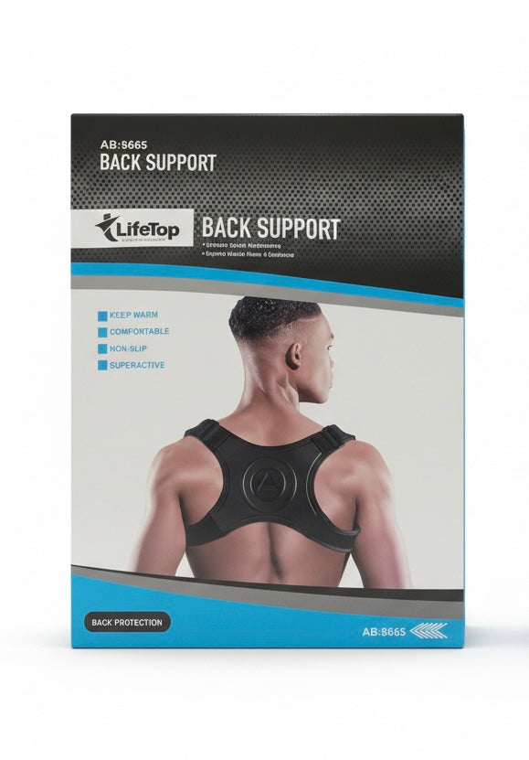 Life Top back support in retail box showing posture brace on model