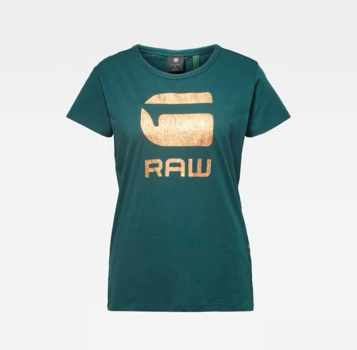 Pine green G-Star Raw women's T-shirt with gold logo print, flat front view