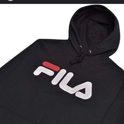Close-up of large red and white Fila logo on black hoodie
