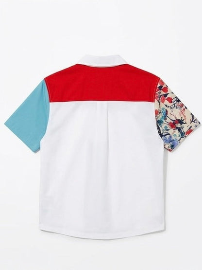 Back of Fila camp shirt with red yoke and blue sleeve