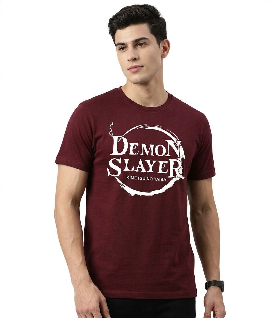 Man wearing burgundy Be Style Demon Slayer logo tee