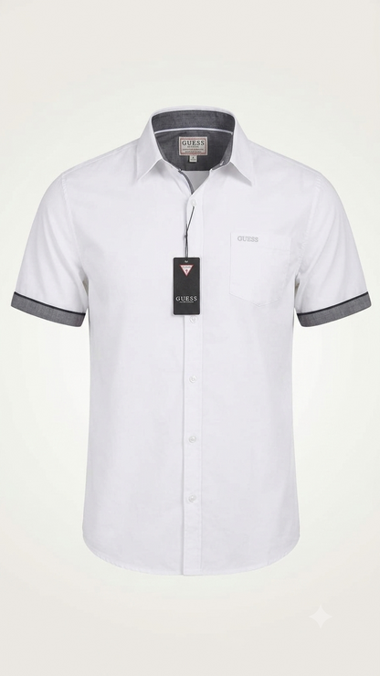 Guess Men'S Short Sleeve Button-Down Shirt – White Casual Shirt With Grey Trim And Chest Pocket