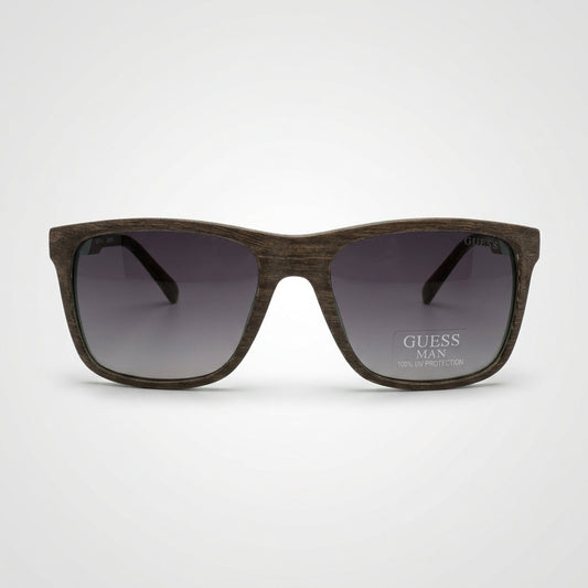 Guess men's rectangular sunglasses with wood-look frame and gradient lenses, front view