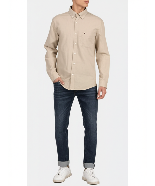 Tommy Hilfiger Men's Beige Button-Up Shirt – Classic and Stylish