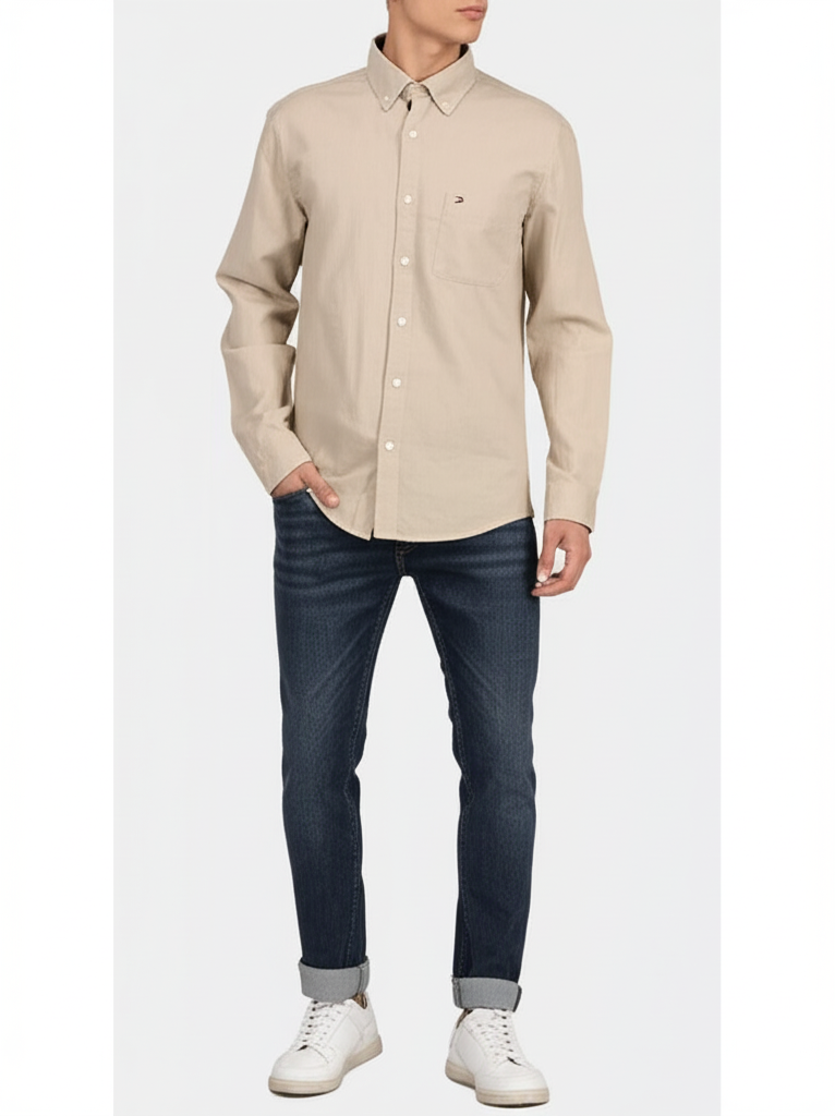 Tommy Hilfiger Men'S Beige Button-Up Shirt – Classic And Stylish