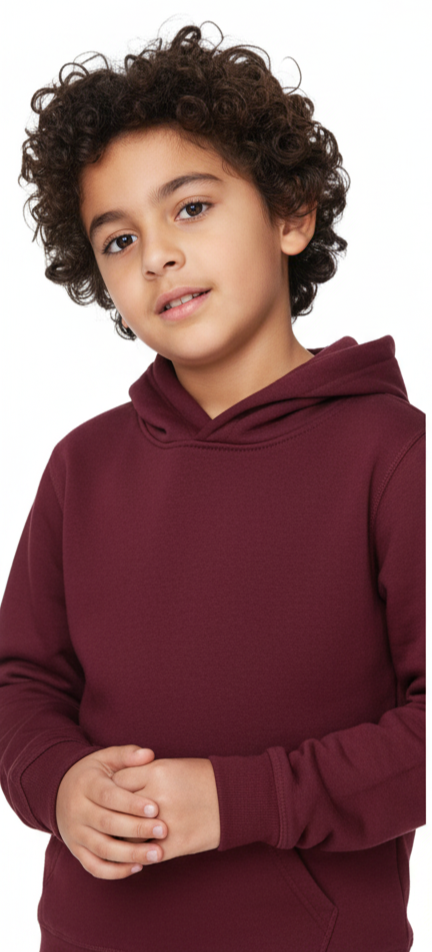 Boy wearing MTA Sport burgundy fleece hoodie, front