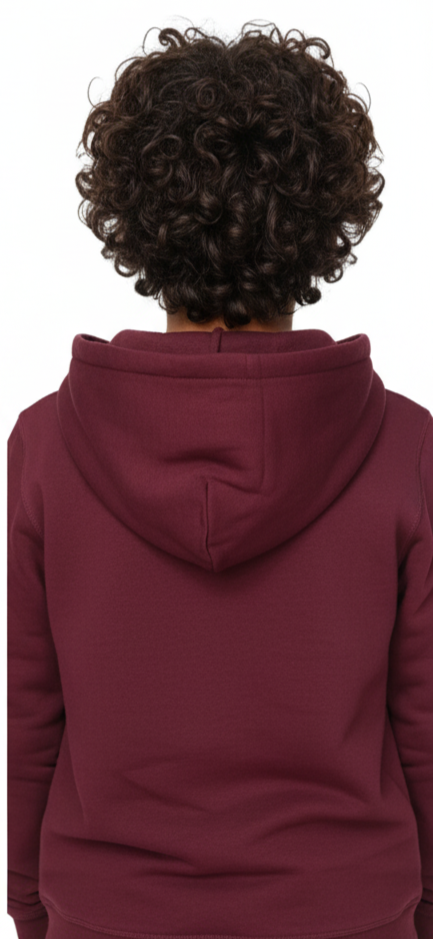 Back view of boy in burgundy fleece hoodie
