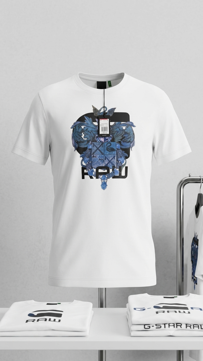 White G-Star Raw T-shirt with blue heraldic crest print on display
