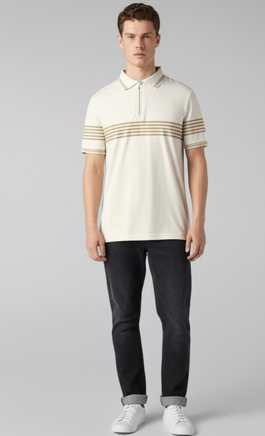 Cactus Man Ricky Singh Polo T-Shirt With Multiple Beige Lines Across