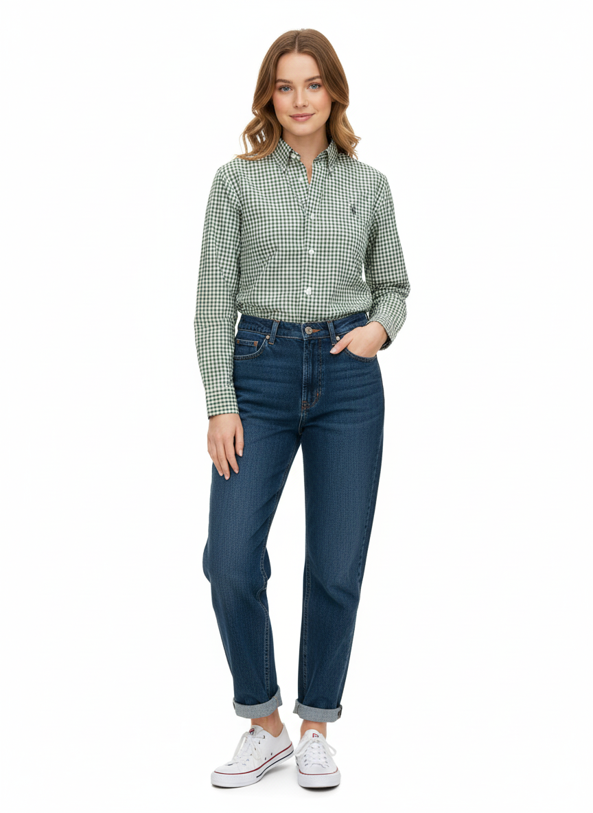 Woman wearing Ralph Lauren green gingham shirt with jeans