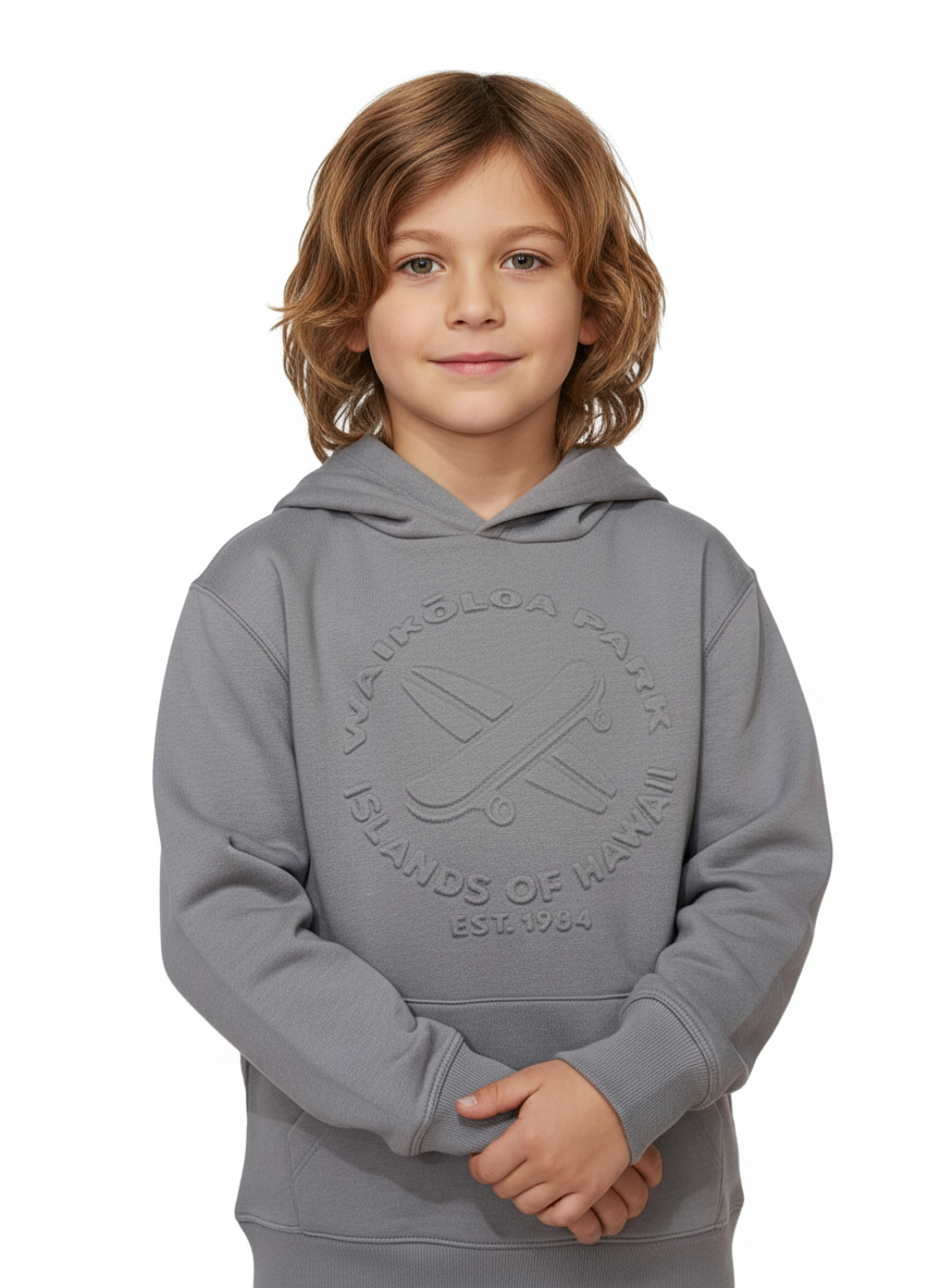 Boy wearing Colourful Planet solid grey hoodie, front