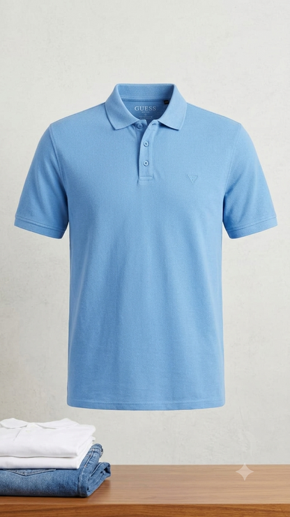 Guess Men'S Short Sleeve Polo Shirt – Cornflower Blue Pique Cotton Blend