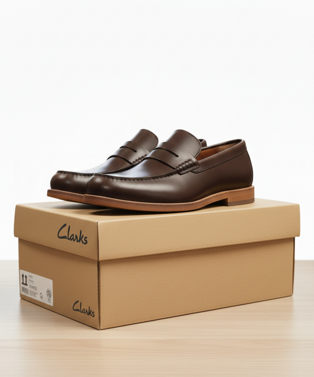 Clarks Men’s Brown Leather Penny Loafers – Classic Slip‑On Dress Shoes with Premium Comfort