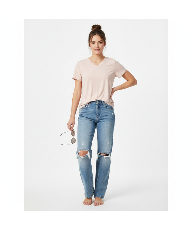 WOMEN'S BEIGE V NECK T SHIRT