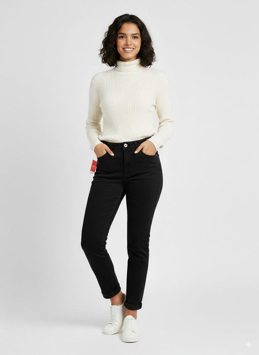 Woman wearing Grab Denim black high-rise skinny jeans