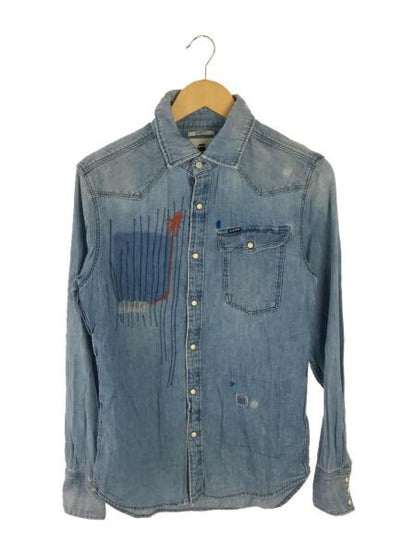 G-Star RAW Western Denim Shirt in distressed light wash, front view on hanger