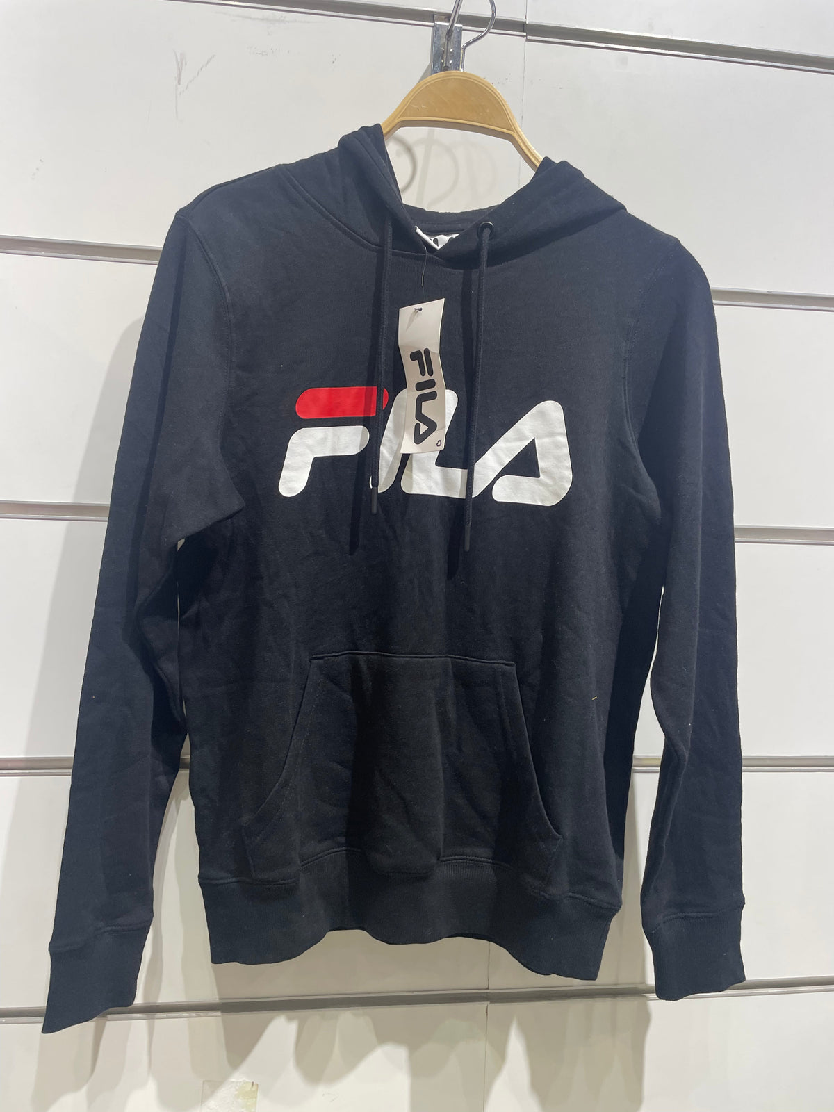 Fila black hoodie with large logo on hanger