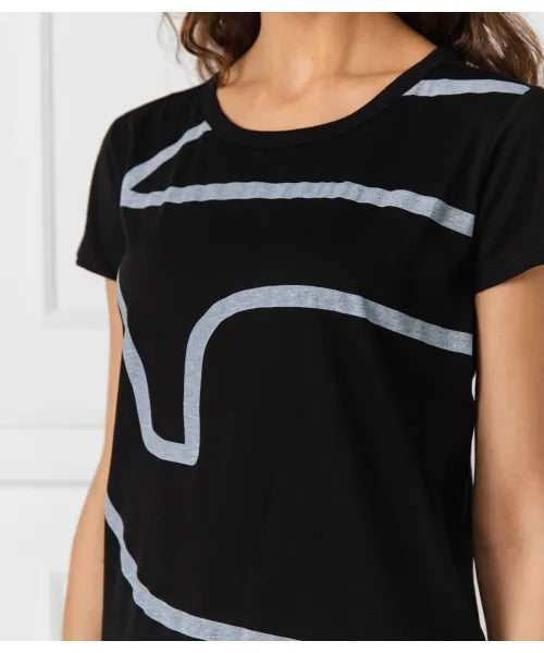 Close-up of grey curved line graphic on black G-Star Raw jersey T-shirt