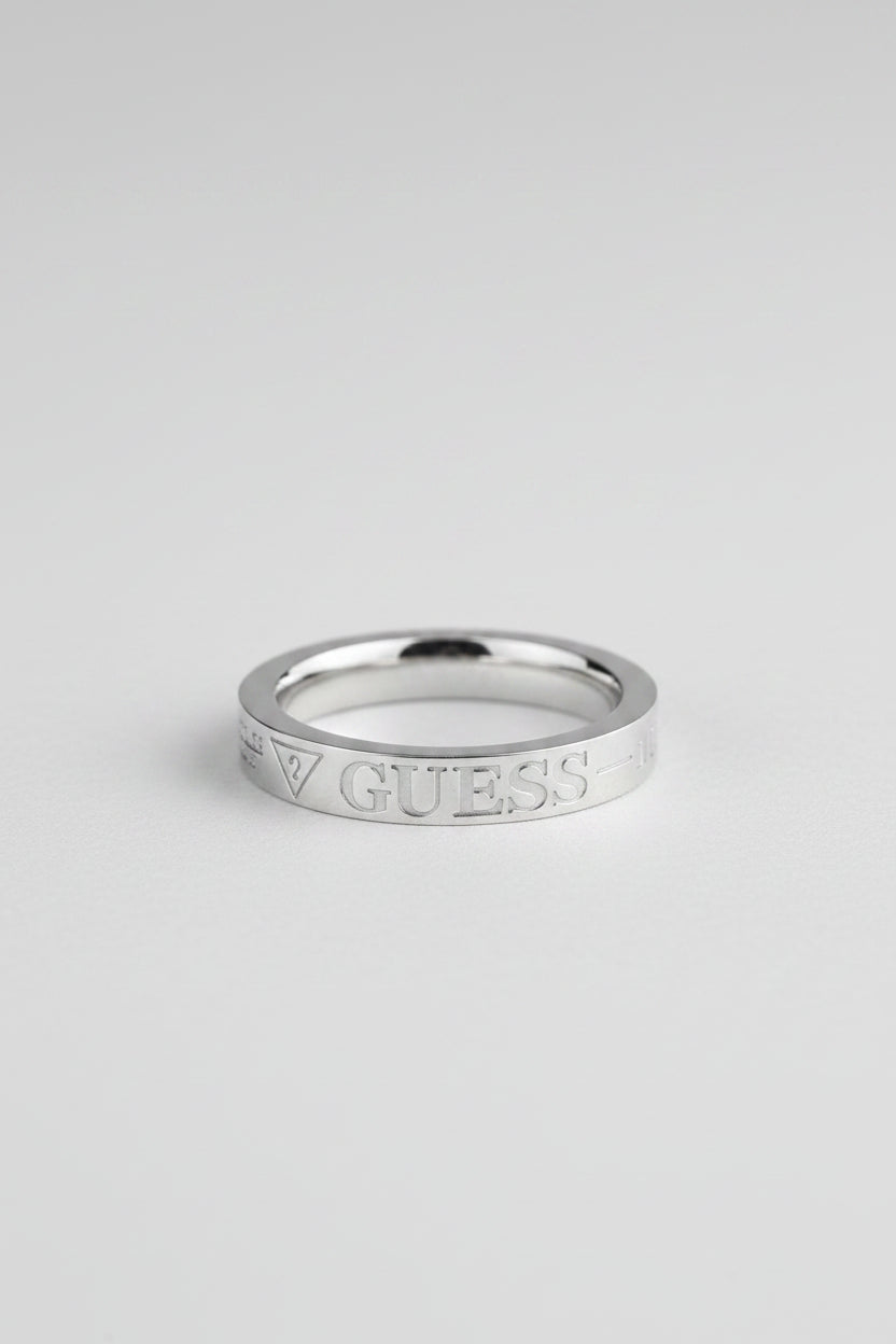 Guess men's stainless steel band ring with mesh and logo detail, front view