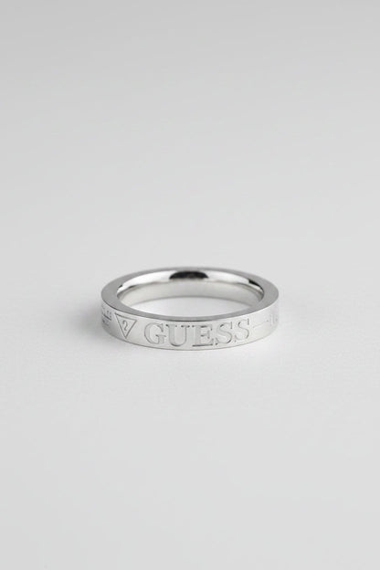 Guess men's stainless steel band ring with mesh and logo detail, front view