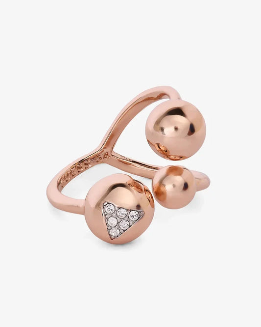 Guess rose gold open ring with three polished beads and crystal triangle, top view