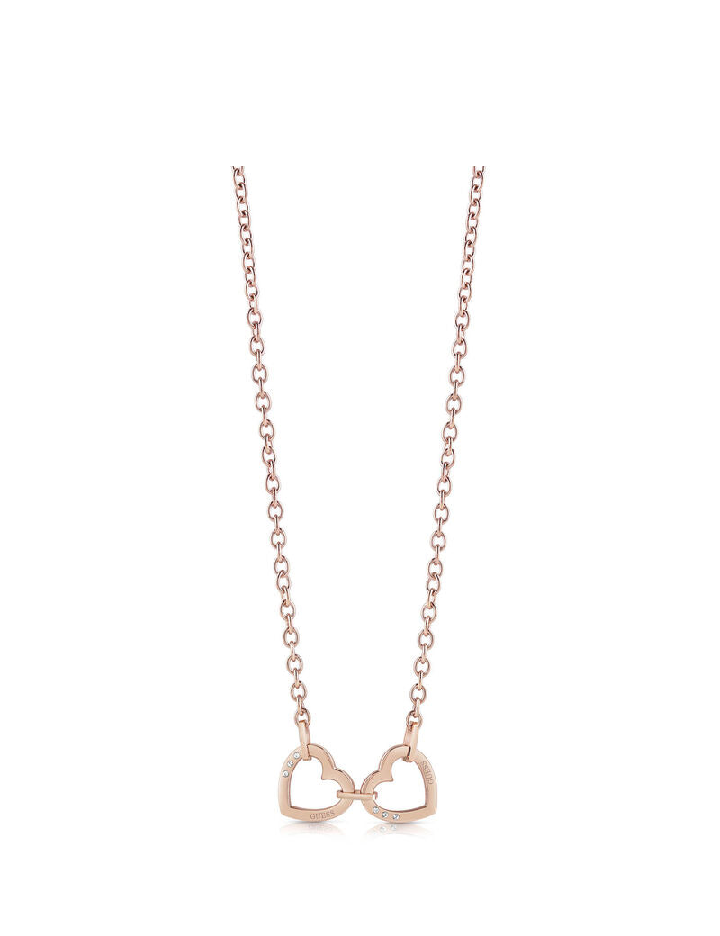 Guess rose gold chain necklace with double interlocking heart pendant, full length