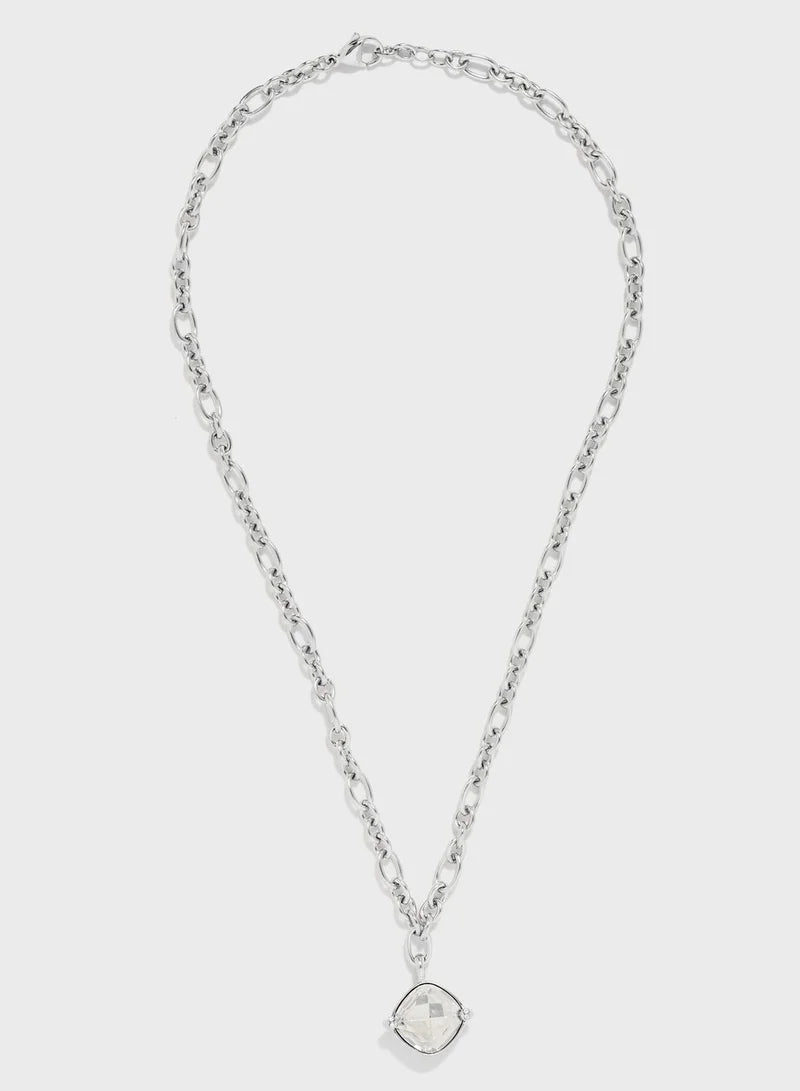 Guess silver chain necklace with square stone pendant, full view