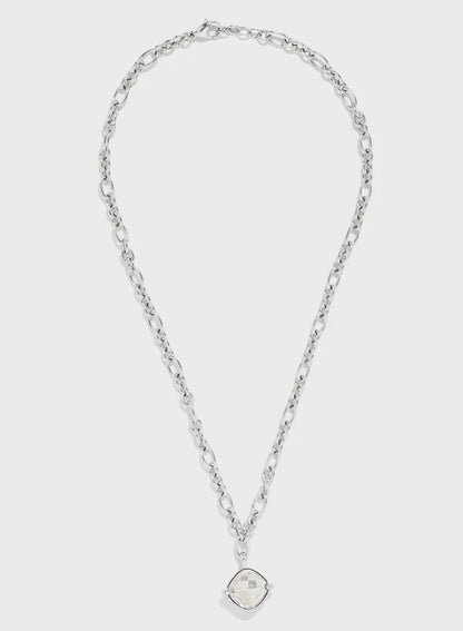 Guess silver chain necklace with square stone pendant, full view