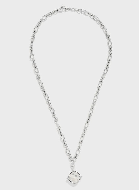 Guess silver chain necklace with square stone pendant, full view