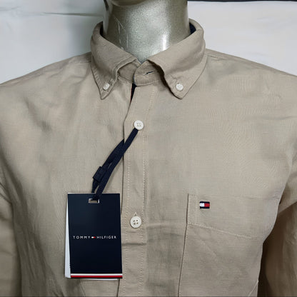 Tommy Hilfiger Men'S Beige Button-Up Shirt – Classic And Stylish