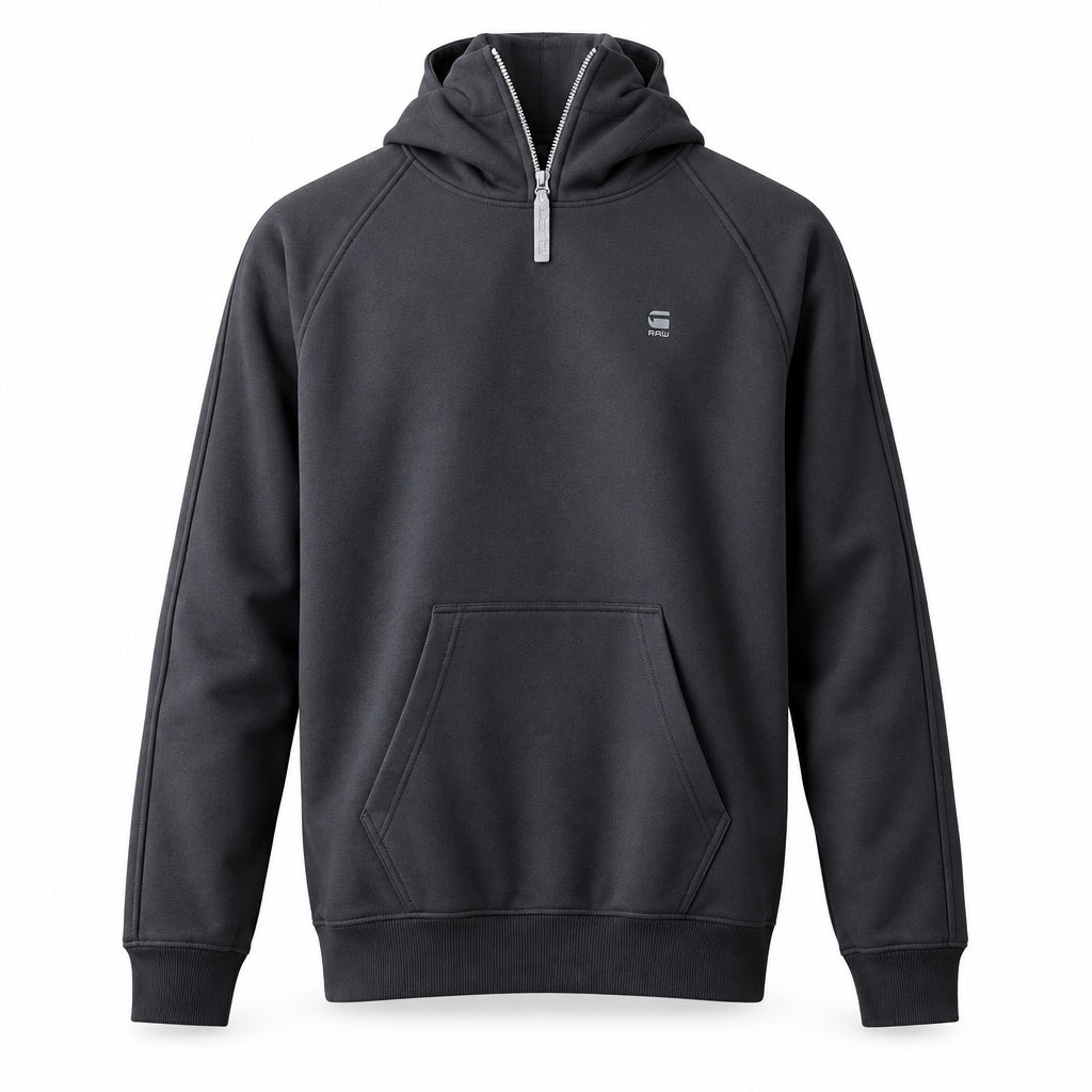 G-Star Raw men's dark hooded pullover sweatshirt with half zip, flat front view
