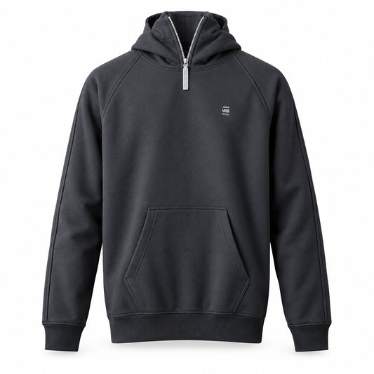 G-Star Raw men's dark hooded pullover sweatshirt with half zip, flat front view