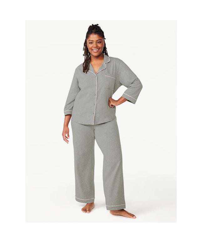 SIZE: 4X(26W-28W) - Joyspun Women’s Cotton Blend Notch Collar Top and Pants Pajama Set, 2-Piece,