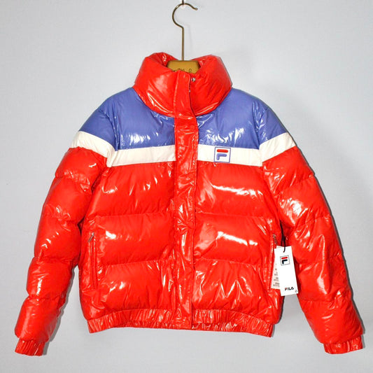 Fila women's red glossy ski jacket with white and lilac panels on hanger