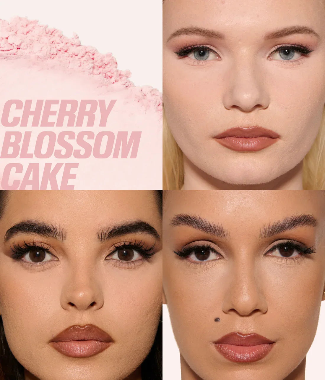 Models showing Huda Beauty Cherry Blossom Cake setting powder finish