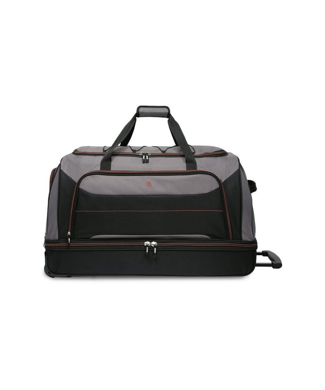 Protege Rolling Drop-Bottom Duffel Bag for Travel, 30 in, Black and Grey