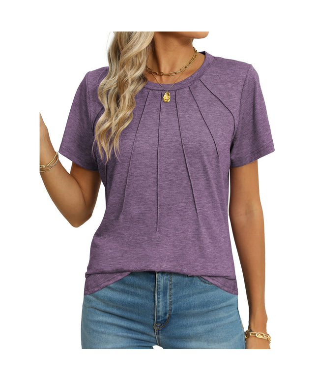 SIZE: M - Rosvigor Blouses for Women Short Sleeve Shirts Casual Dressy Summer Tops with Pleats