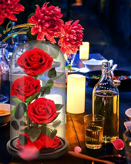 Preserved 3 Stem Rose Rosy Glass Dome. ( Large ) D17 X H32cm.