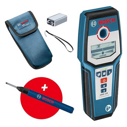 Bosch Professional Stud Finder GMS 120 (Drill Hole Marker, max. Detection Depth Wood/Magnetic Metal/Non-Magnetic Metal/Live Cable: 38/120/80/50 mm, in Cardboard Box)